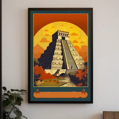 Mexico Chichen Itza Pyramid Sunset Vintage Travel Poster