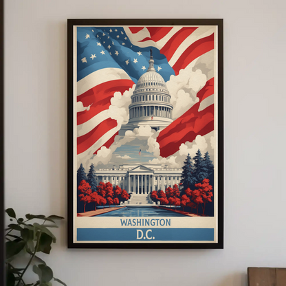 Washington D.C. Capitol American Flag Clouds Vintage Travel Poster