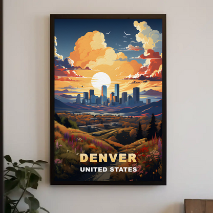 Denver Sunset Skyline Mountains Vintage Travel Poster