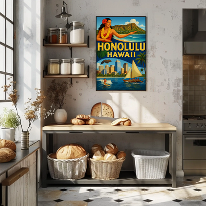 Honolulu Hawaii Surfer Skyline Hula Travel Poster