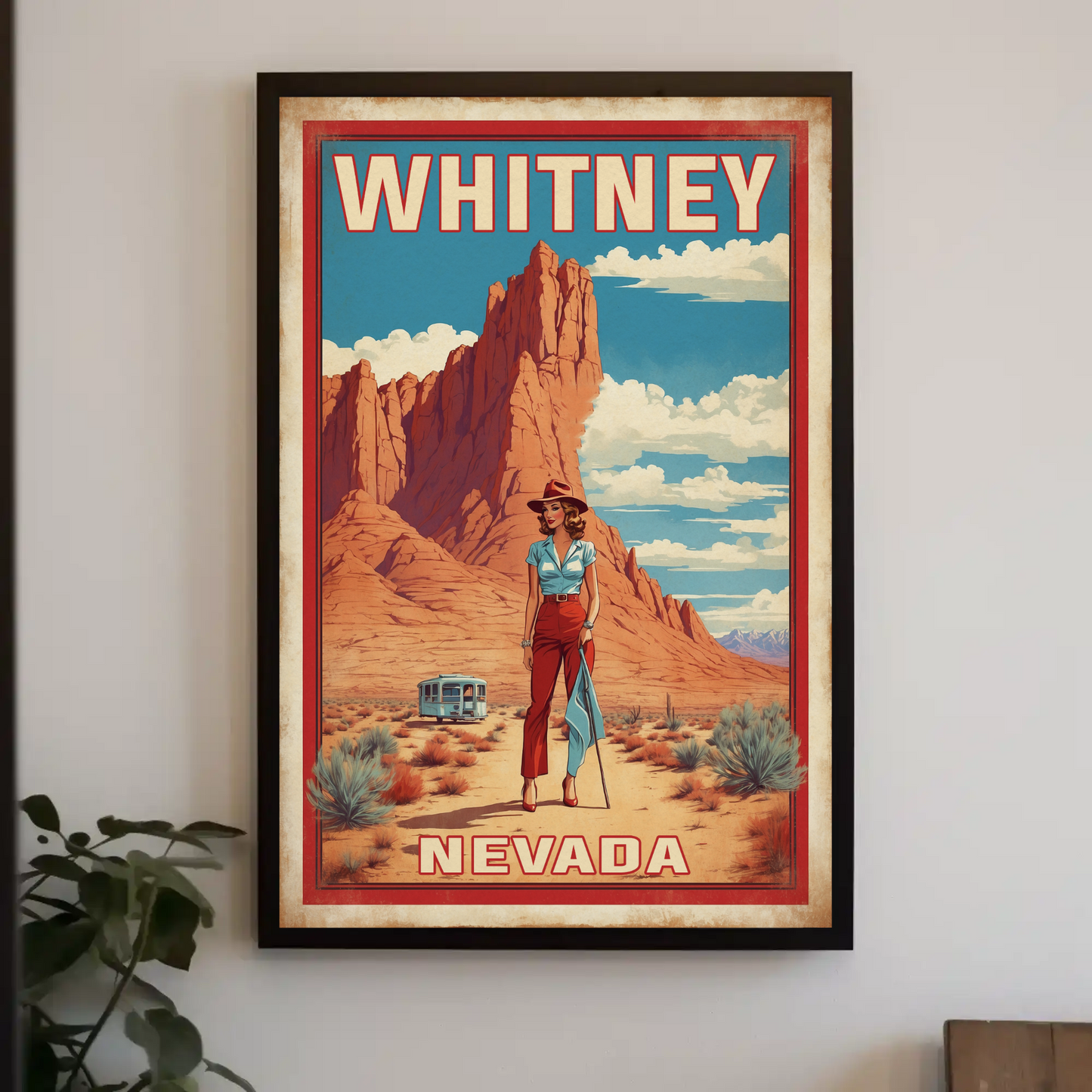 Whitney Nevada Desert Cowgirl Scene Vintage Travel Poster