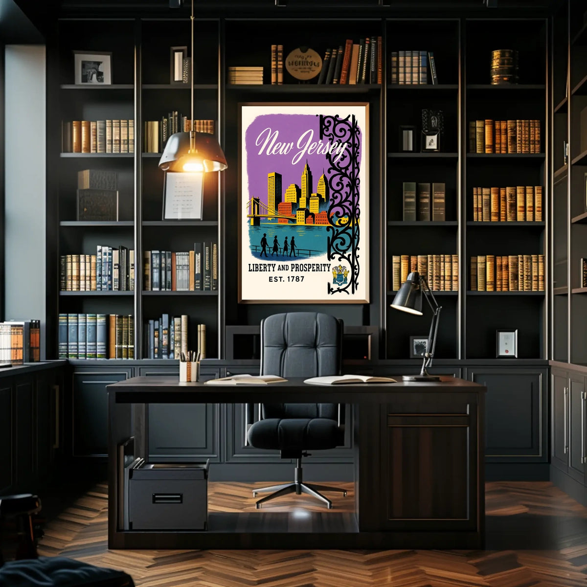 New Jersey Cityscape Bridge Purple Sky Vintage Poster