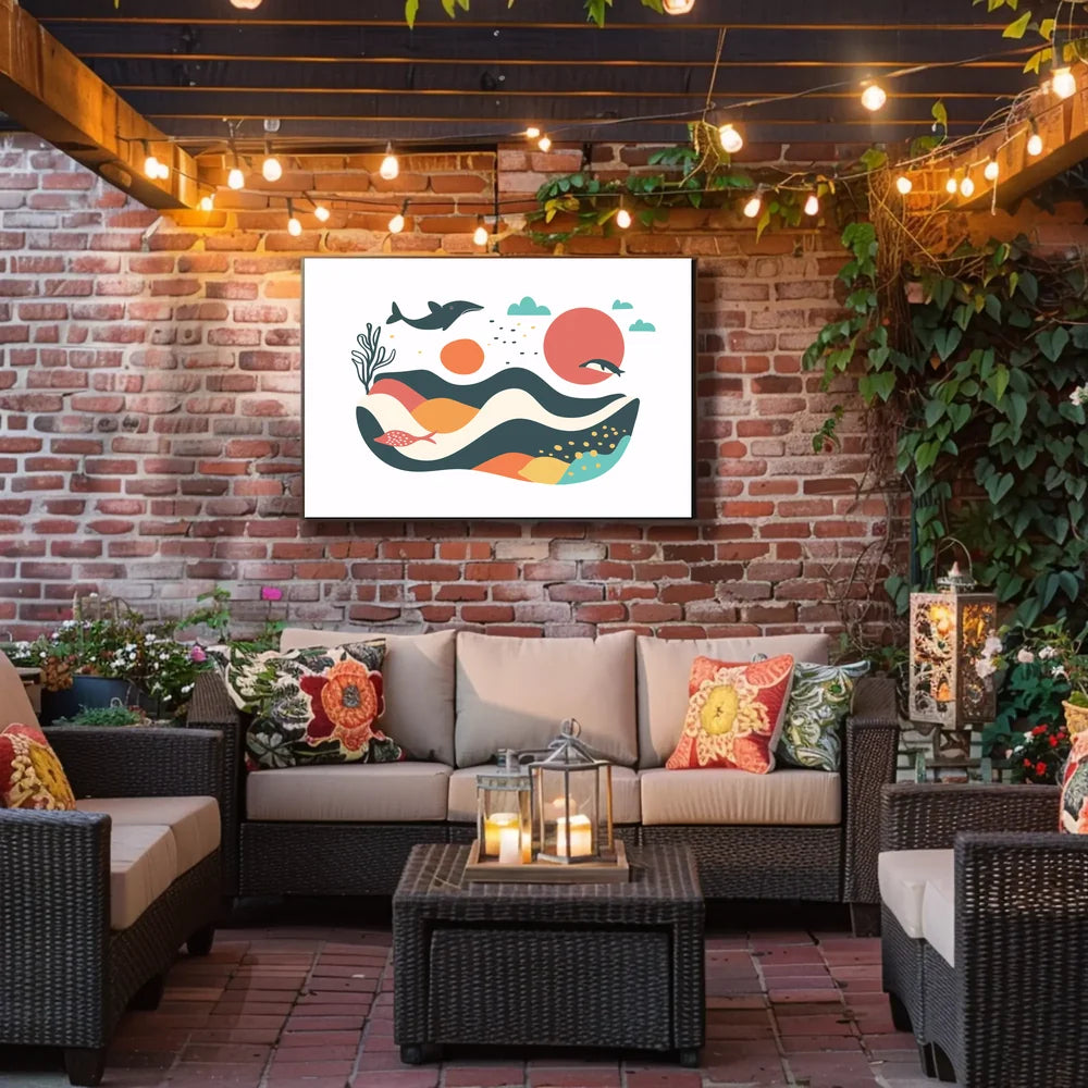 The poster features a whimsical and abstract marine scene. Central to the design Travel Poster