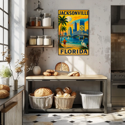 Jacksonville Florida Surfer Bridge Skyline Sunset Travel Poster