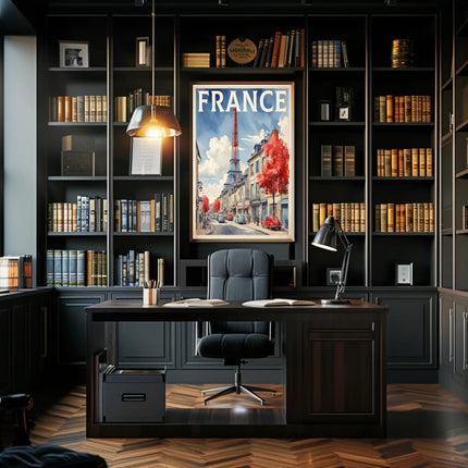 Picturesque Paris Street Scene with Eiffel Tower Travel Poster