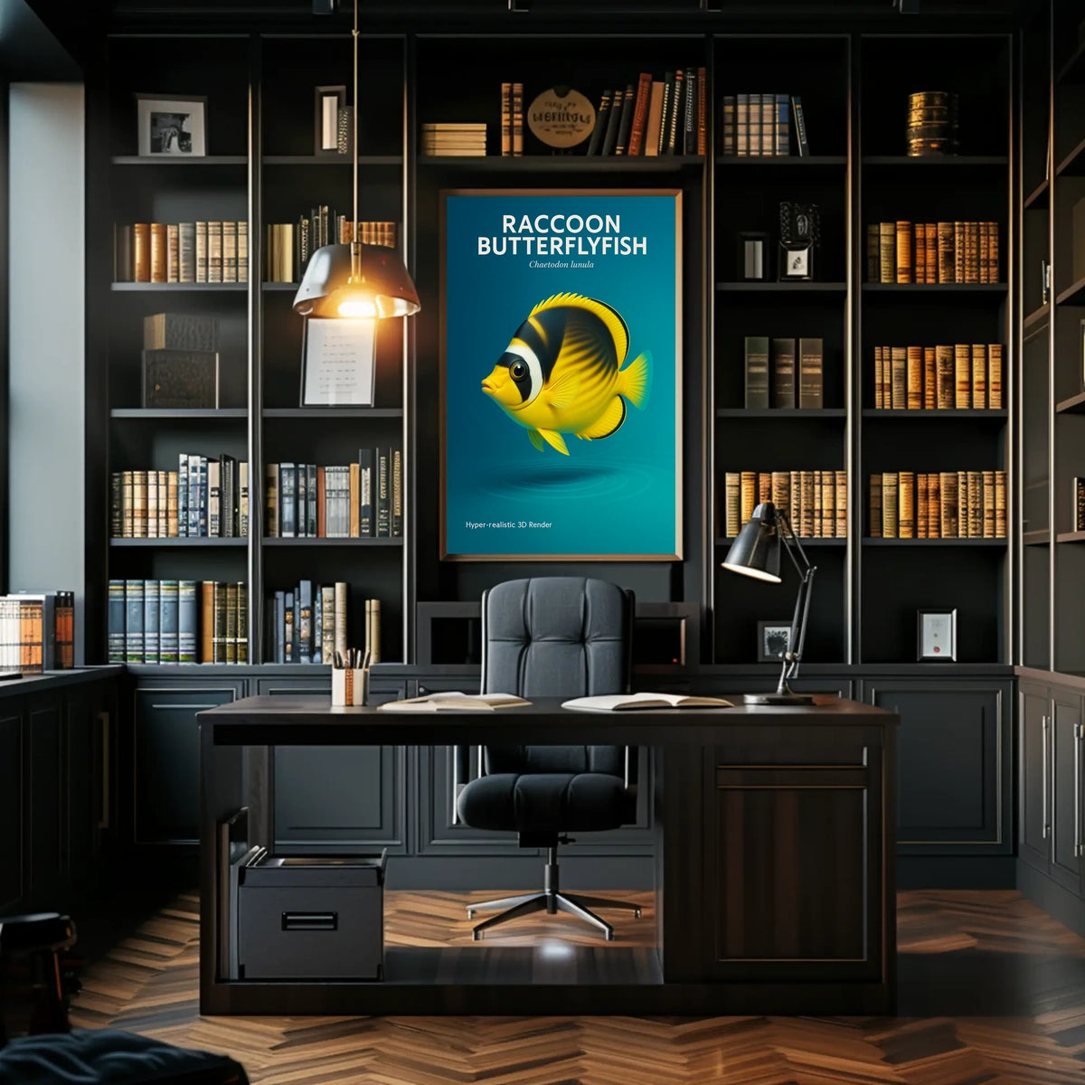 Raccoon Butterflyfish Hyper-realistic 3D Render Poster