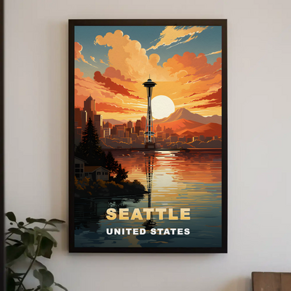Seattle Washington Space Needle Sunset Vintage Travel Poster