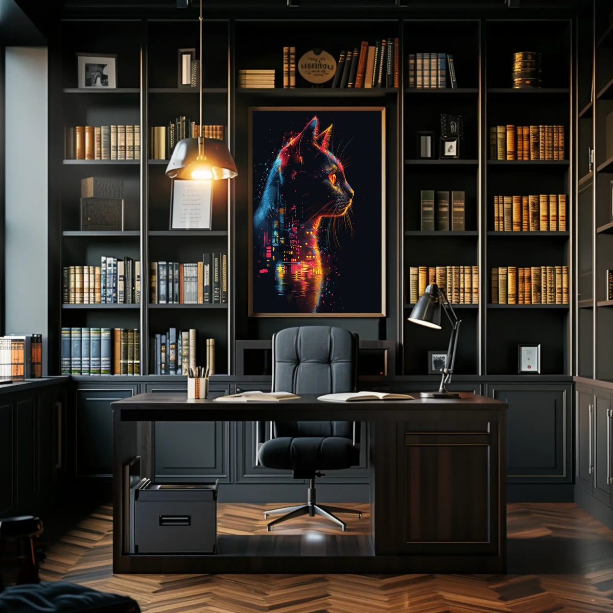 Neon Cat in Futuristic Cityscape Poster