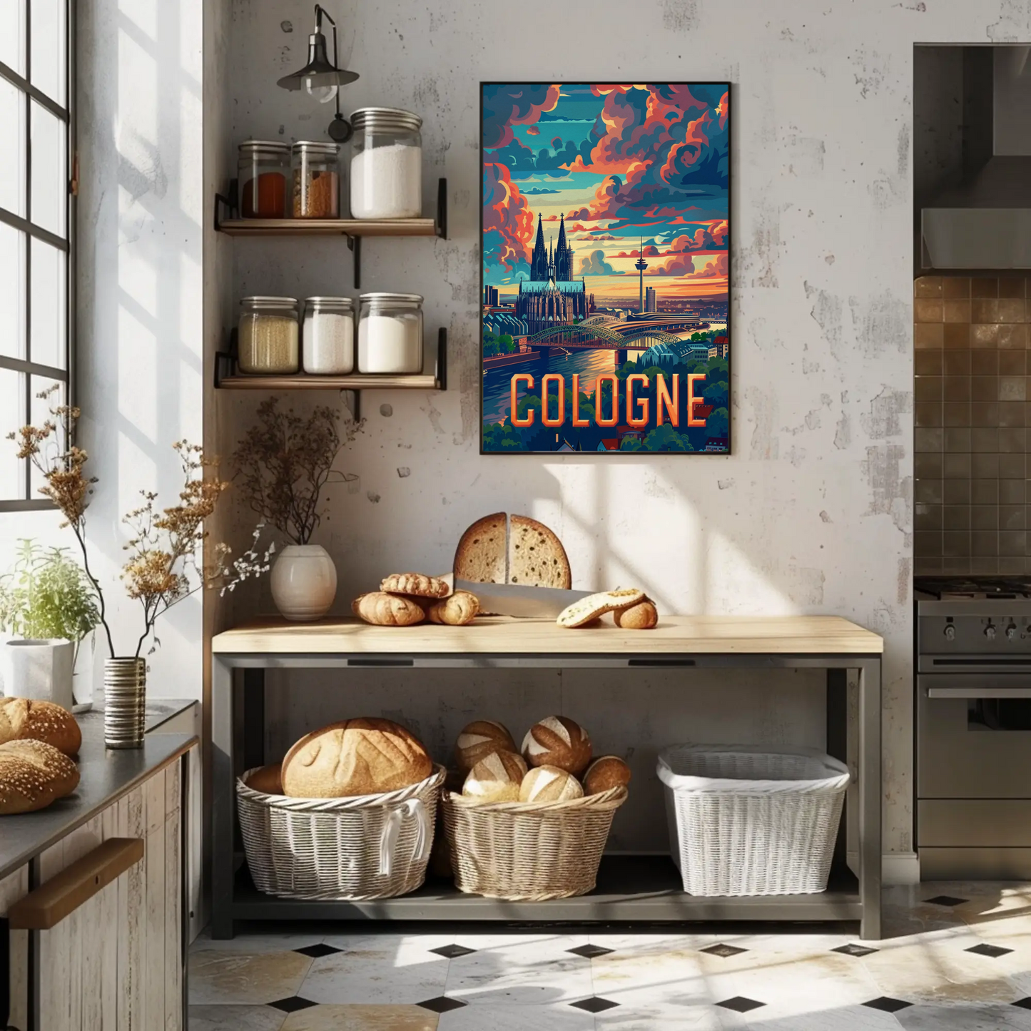 Cologne Skyline Sunset Clouds Spires Travel Poster