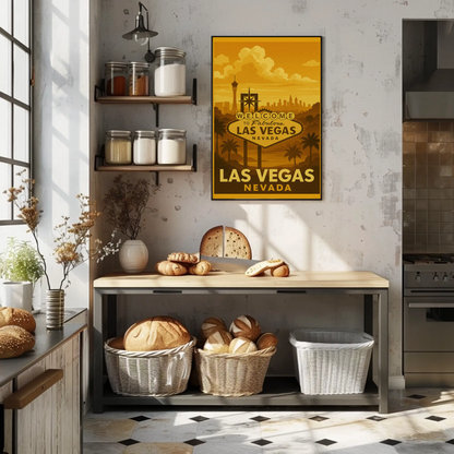 Golden Las Vegas Skyline Welcome Sign Retro Poster