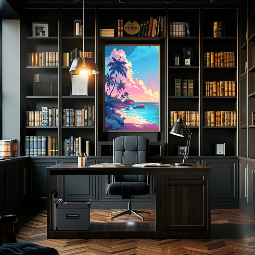 Tropical Sunset Beach Scene Art Poster