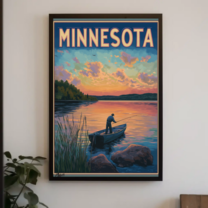 Minnesota Sunset Fishing Vintage Poster