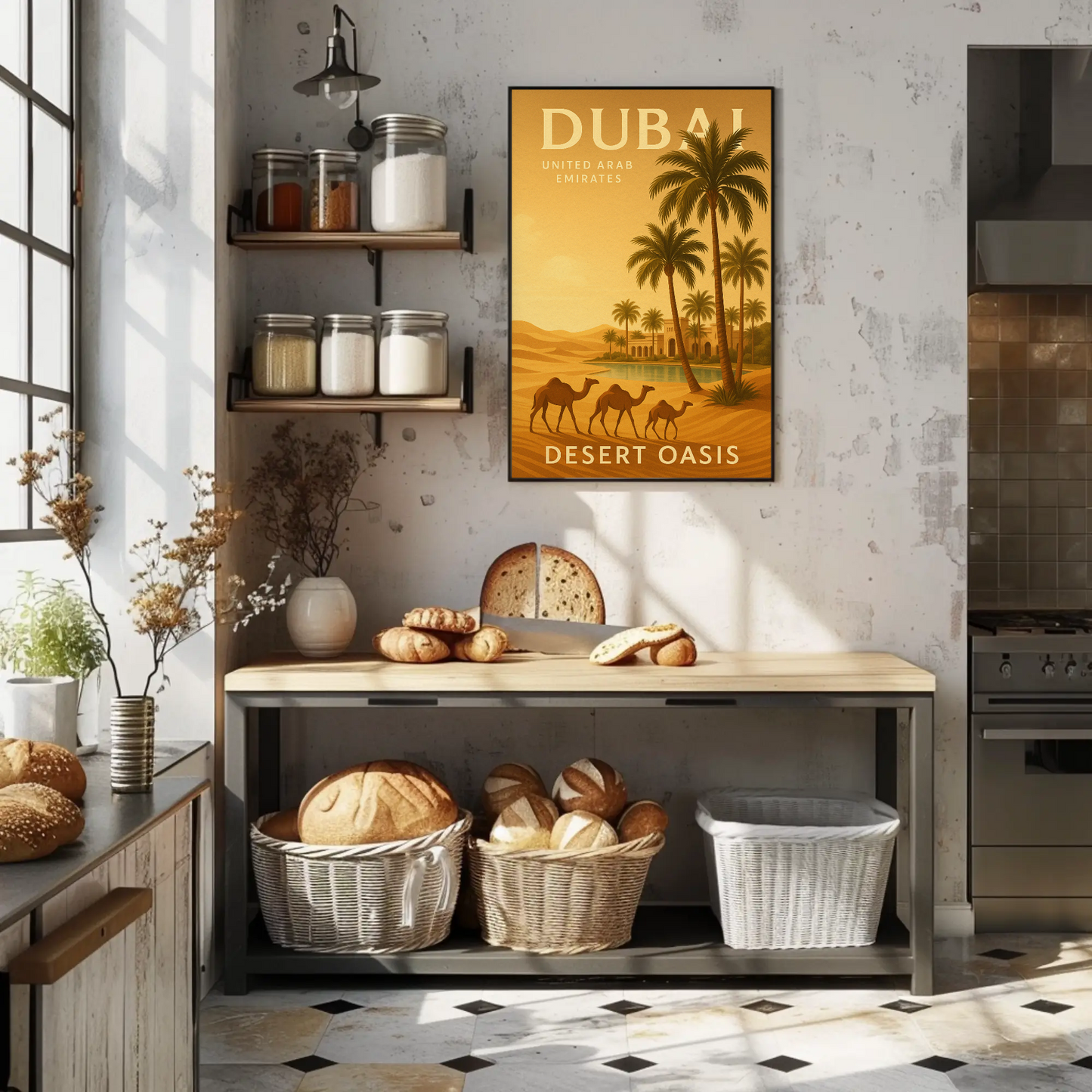 Dubai Desert Oasis Camels Palms Sunset Poster