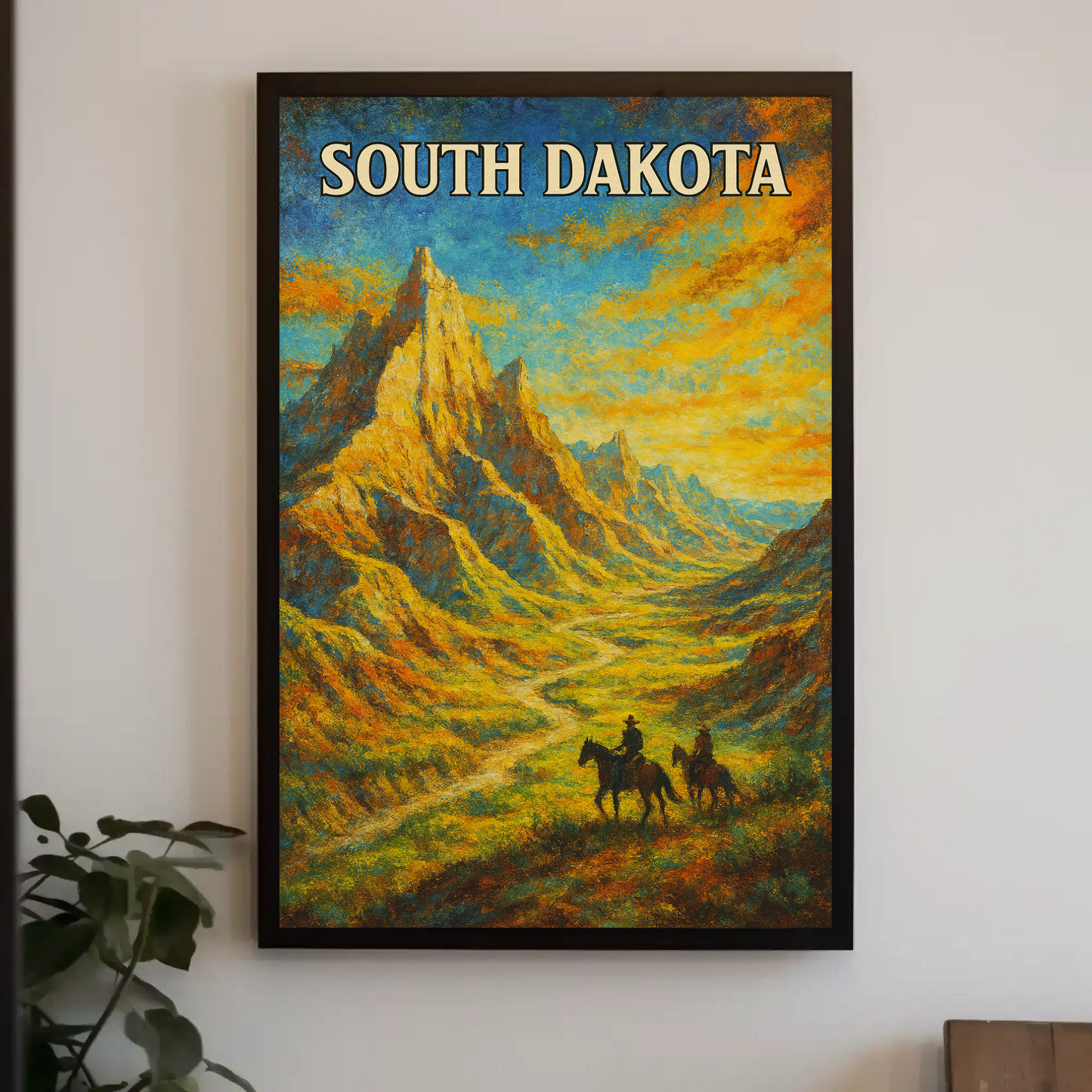 South Dakota Painted Cowboy Mountains Trail Vintage Travel Poster