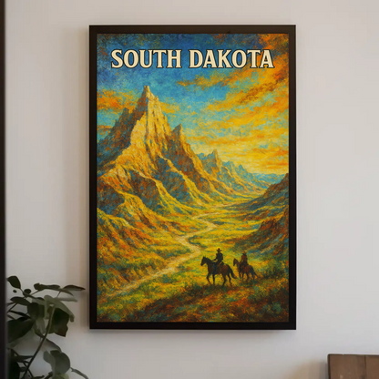 South Dakota Painted Cowboy Mountains Trail Vintage Travel Poster