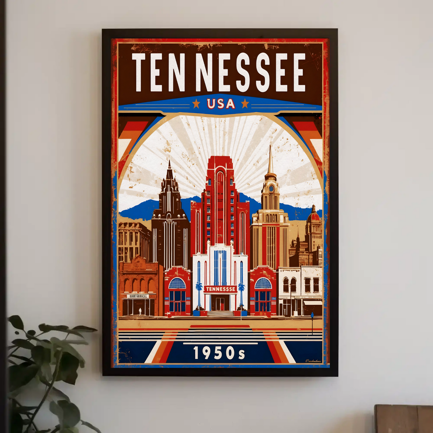 Tennessee USA 1950s Music City Skyline Travel Poster