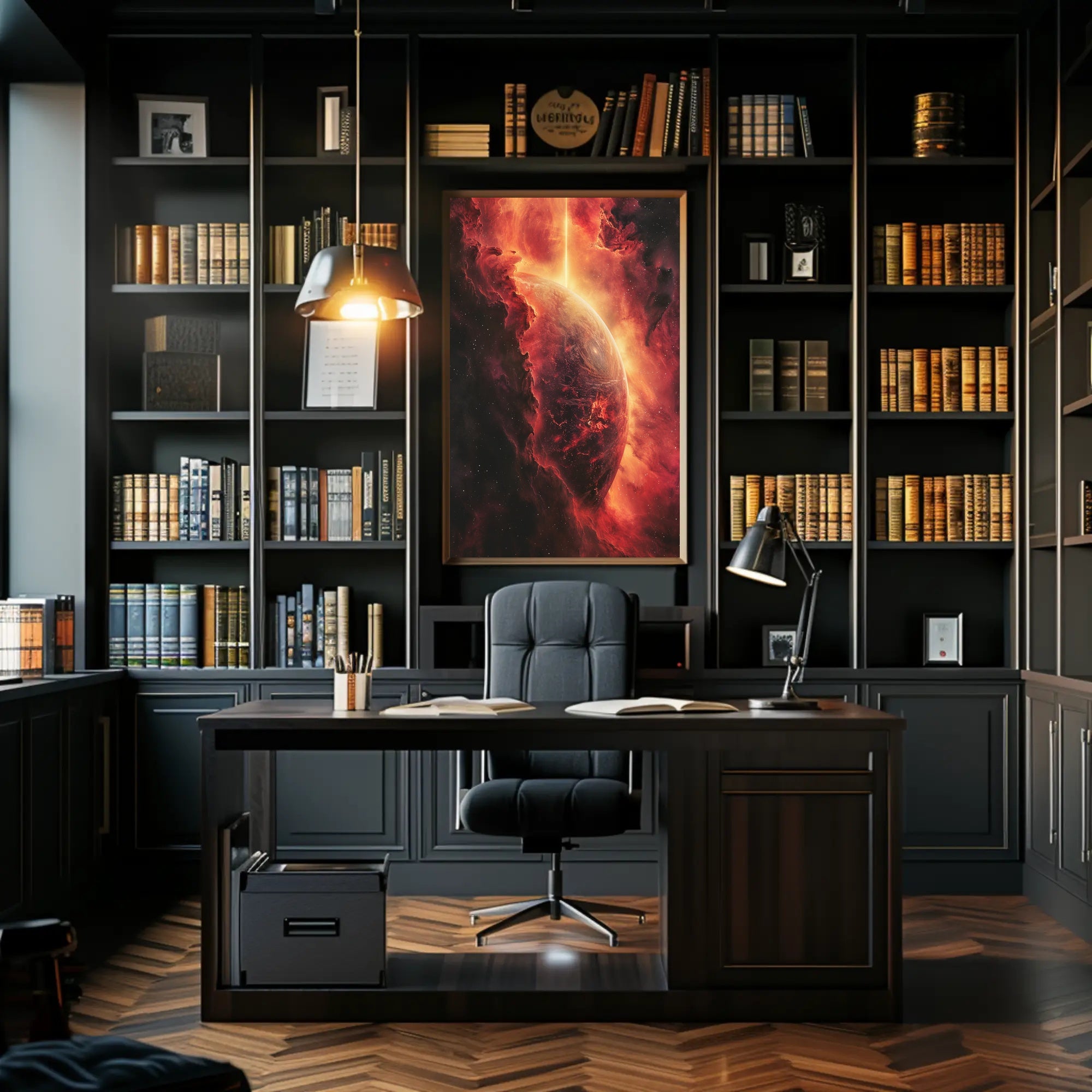 Cosmic Majesty: Fiery Planet in Nebula Poster PosterGoat