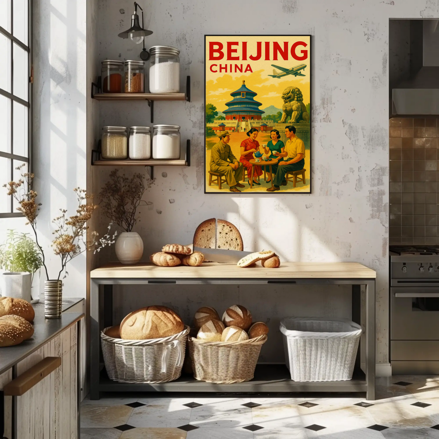 Beijing China Temple Street Scene Travel Poster