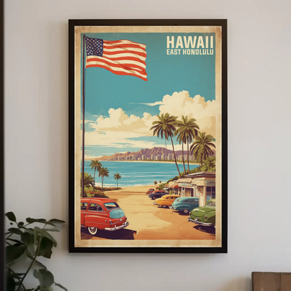 East Honolulu Hawaii Retro Beachside Vintage Travel Poster