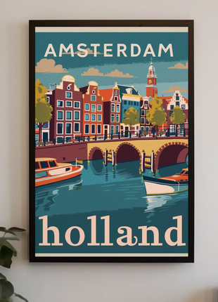 Amsterdam Holland Autumn Canal Houses Vintage Travel Poster