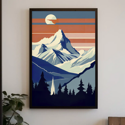 Sunset Snow Mountain View Silhouette Vintage Travel Poster