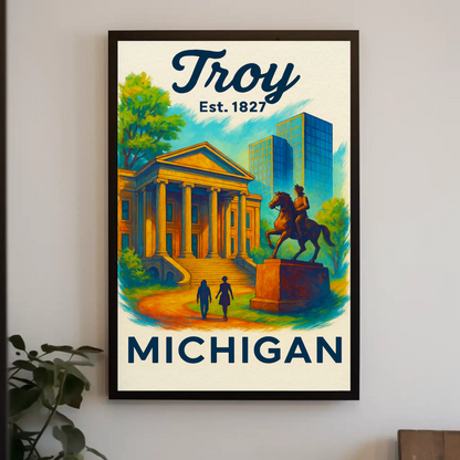 Troy Michigan City Hall Equestrian Statue Vintage Travel Poster