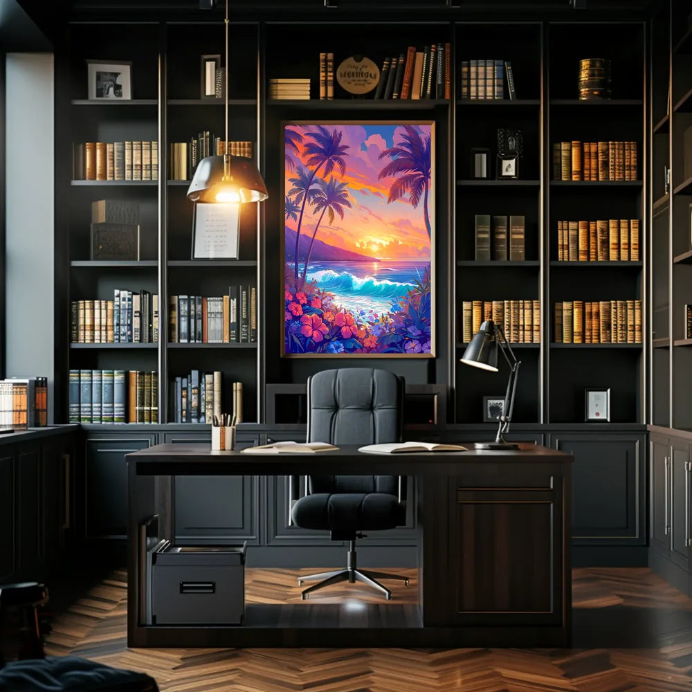 Tropical Sunset Beach Scene Illustrated Poster