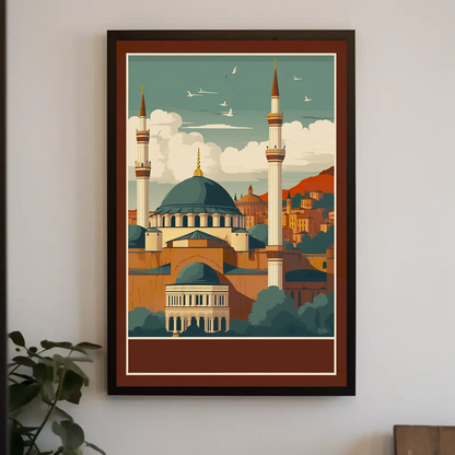 Turkey Mosque Minarets Hillside Sunset Vintage Travel Poster