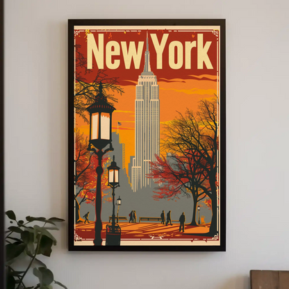 New York Orange Sky Autumn Cityscape Vintage Travel Poster