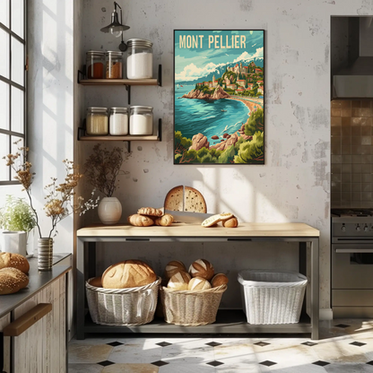 Montpellier France Coast Hillside Village Travel Poster