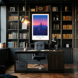New York City Twilight Skyline Poster Vintage Wall Art