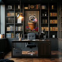 raccoon popping out of a large clay flowerpot Poster