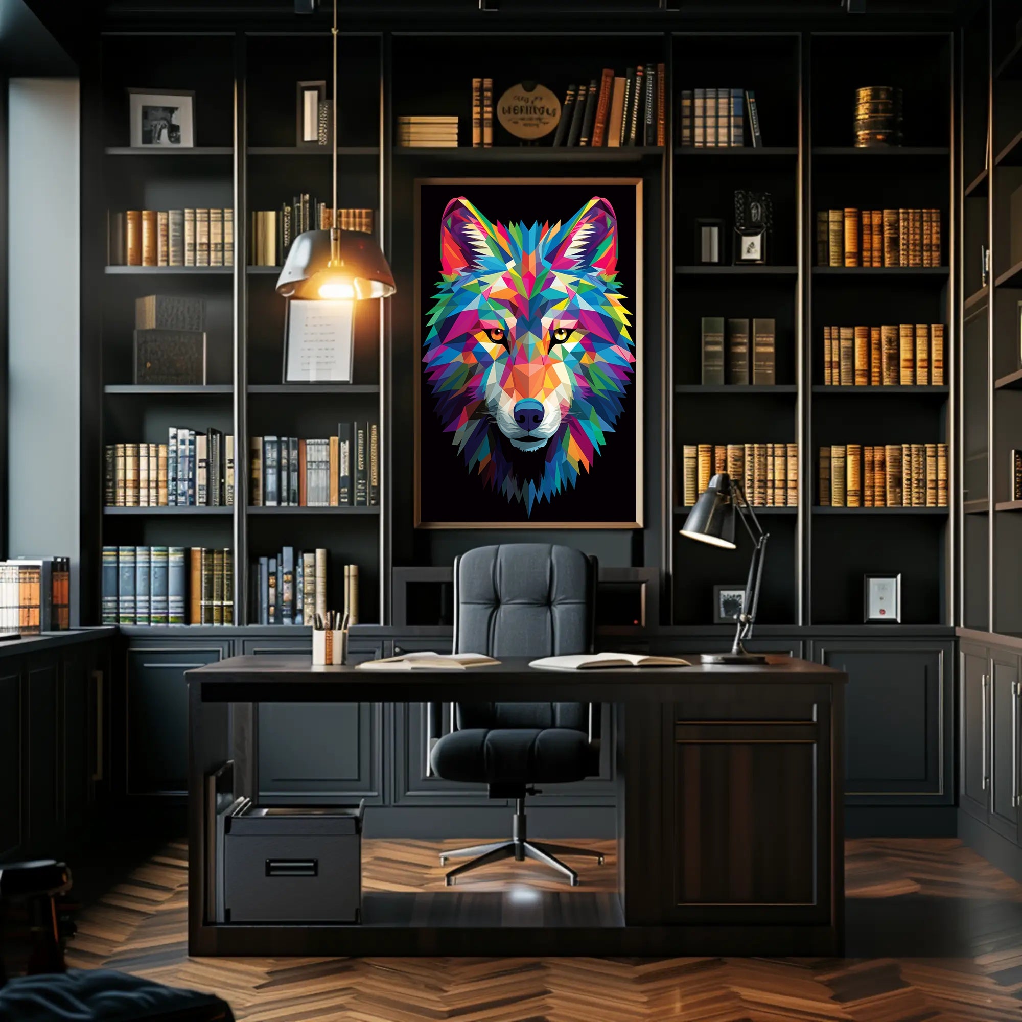 Vibrant Geometric Wolf Poster PosterGoat