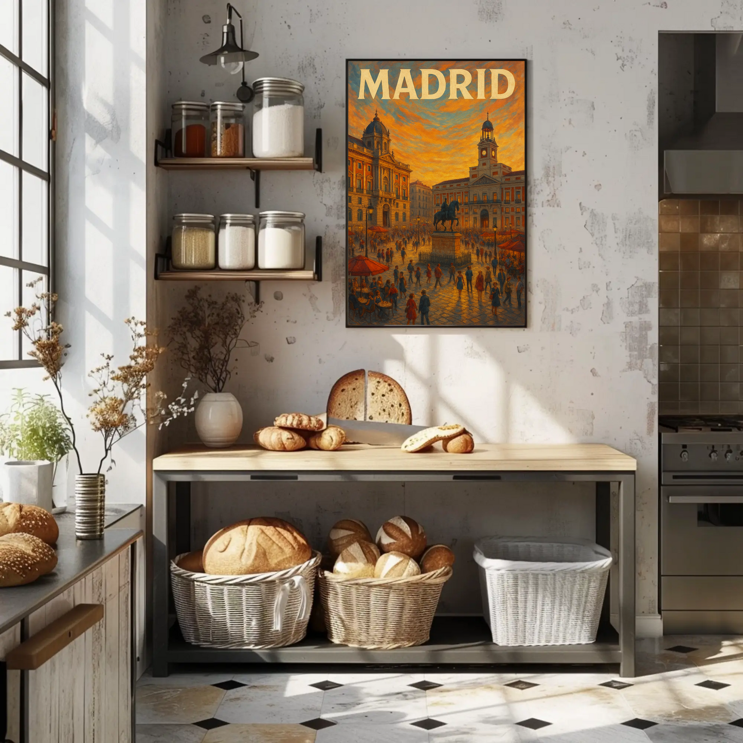 Madrid Plaza Evening Lights Travel Poster
