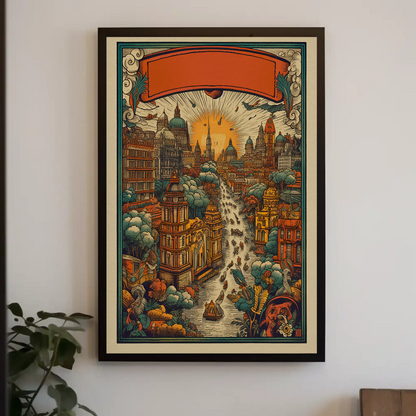 Fantasy River City Sunset Skyline Vintage Travel Poster