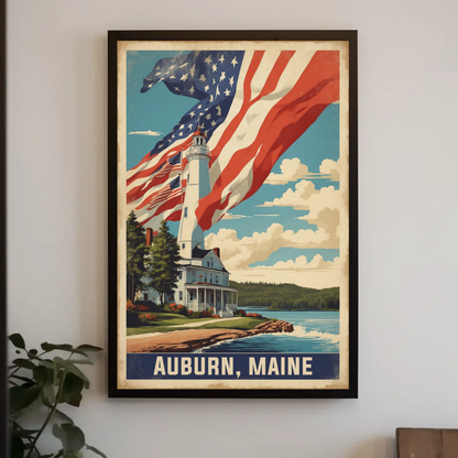 Auburn Maine Lighthouse Coastal Home Vintage Travel Poster