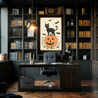 Halloween-Themed Black Cat Carved Pumpkin Bats Stars Poster