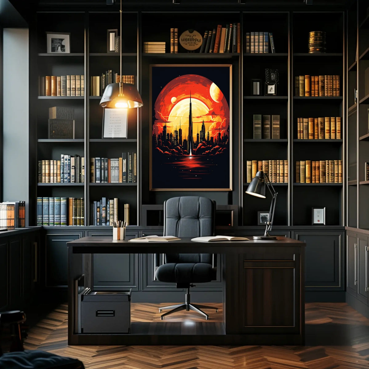 Futuristic Cityscape at Sunset Poster