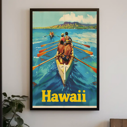 Vintage Travel Poster - Hawaii Rowing Canoe