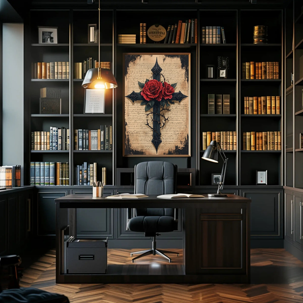 Gothic Cross with Red Roses Artistic Wall Decor Poster