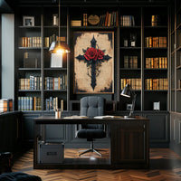 Gothic Cross with Red Roses Artistic Wall Decor Poster