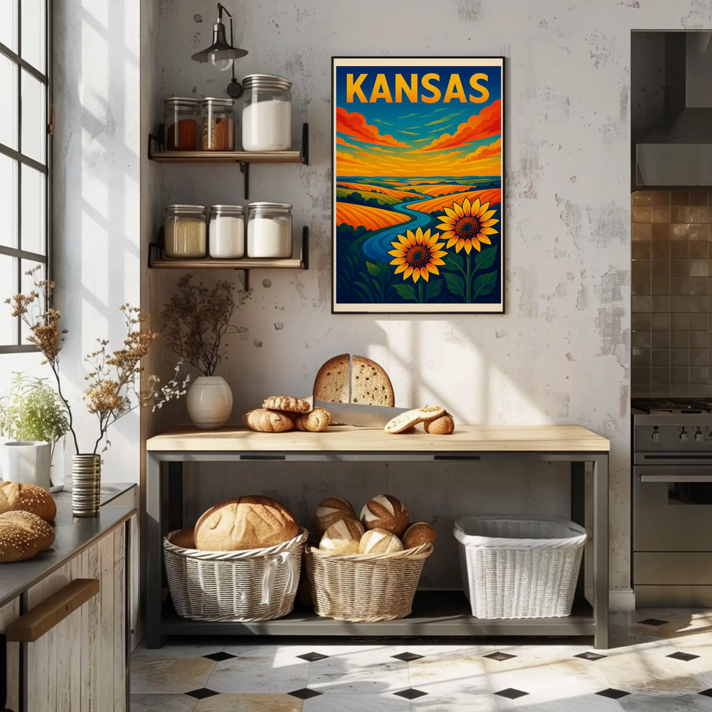 Kansas Sunflowers Prairie Horizon River Travel Poster