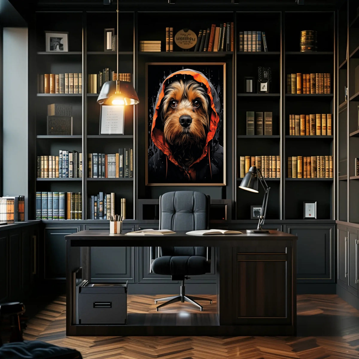 Stylized Dog in Hooded Raincoat Artistic Animal Poster