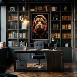 Stylized Dog in Hooded Raincoat Artistic Animal Poster