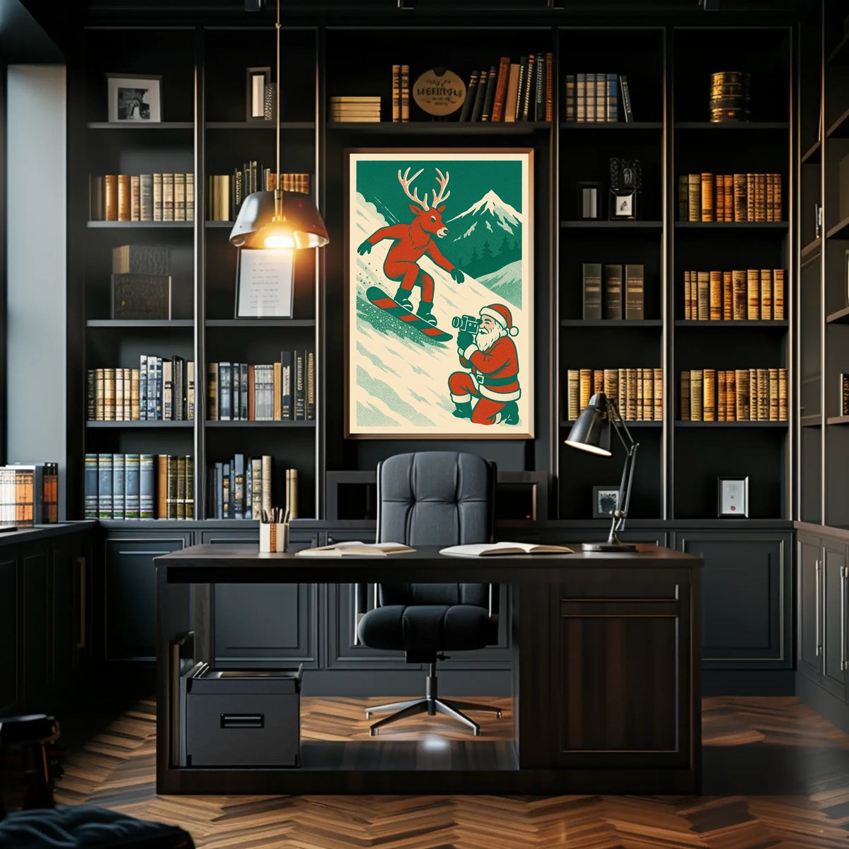 Whimsical Reindeer Snowboarding Vintage Holiday Poster