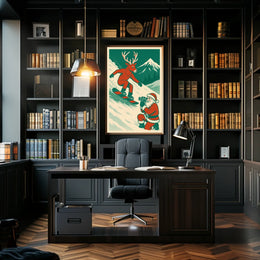 Whimsical Reindeer Snowboarding Vintage Holiday Poster