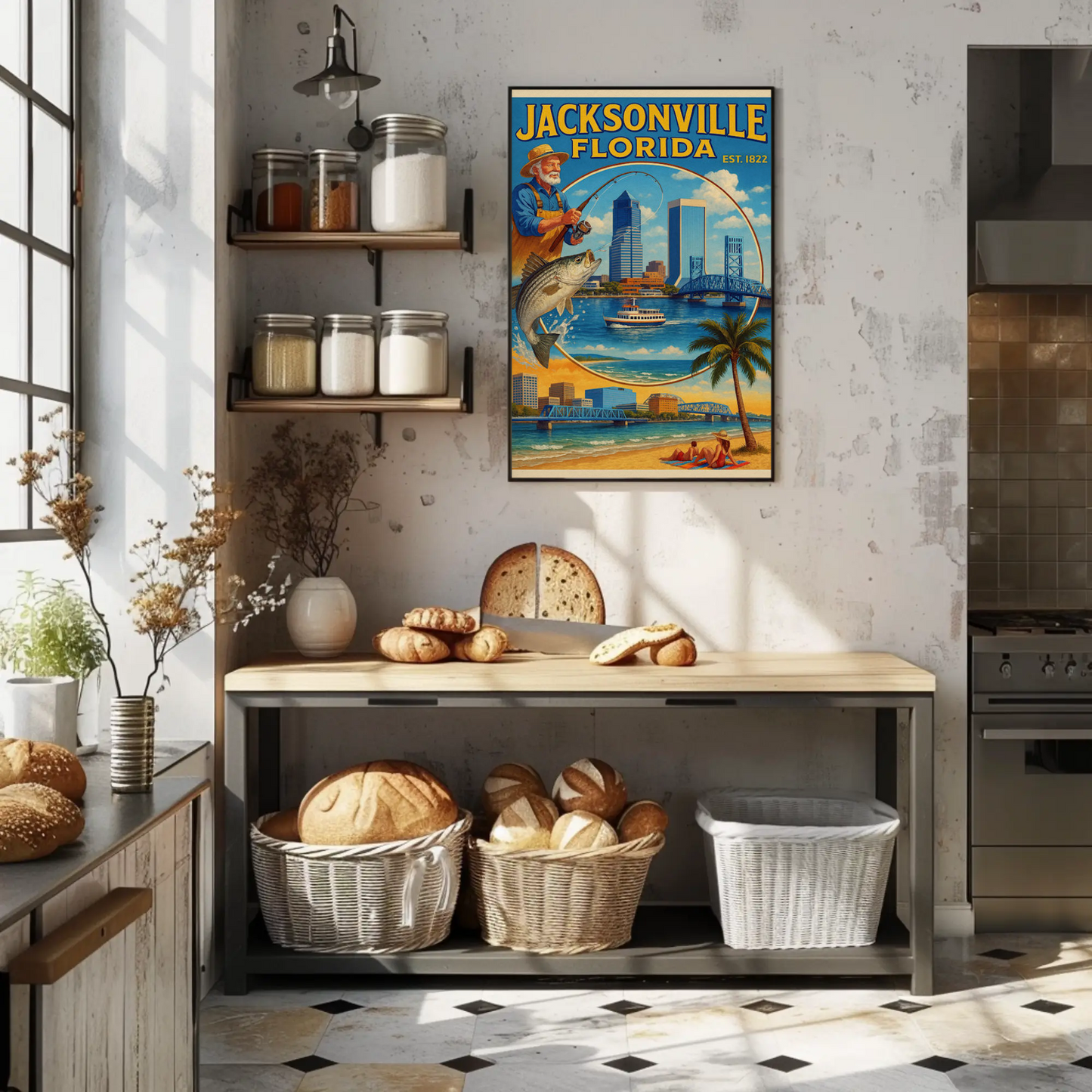 Jacksonville Florida Fishing Bridge Skyline Travel Poster