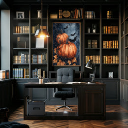 Stylized Halloween Pumpkins with Bats Decorative Art Poster