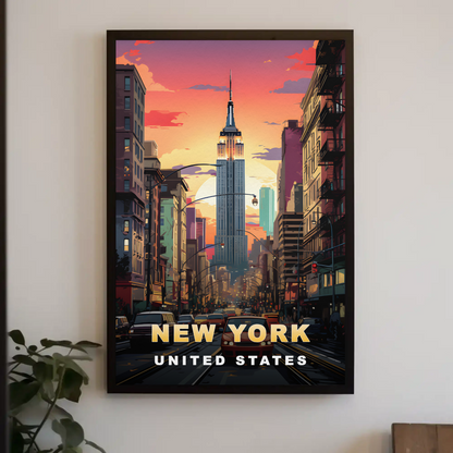 New York Empire State Sunset Vintage Travel Poster
