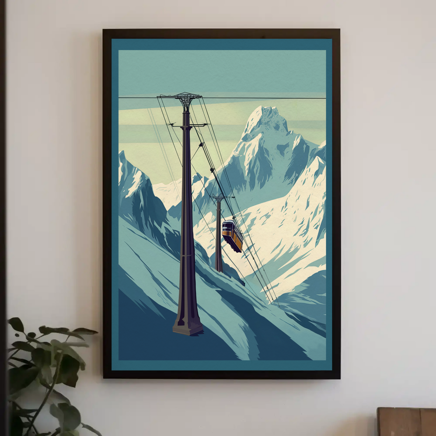 Ski Lift Across Winter Mountain Range Vintage Travel Poster